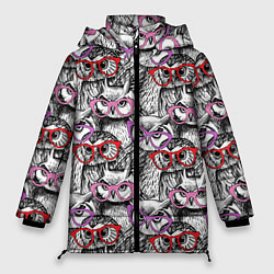 Куртка зимняя женская Совы в розовых очках, цвет: 3D-черный