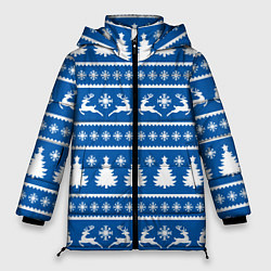 Куртка зимняя женская Синий свитер с новогодними оленями, цвет: 3D-черный