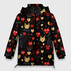 Куртка зимняя женская Паттерн с сердечками и котами валентинка, цвет: 3D-черный