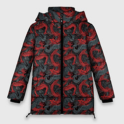 Женская зимняя куртка Красные драконы на сером фоне
