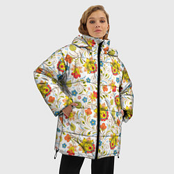 Куртка зимняя женская Хохломская роспись разноцветные цветы на белом фон, цвет: 3D-красный — фото 2