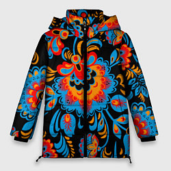 Куртка зимняя женская Хохломская роспись разноцветные цветы на чёроном ф, цвет: 3D-красный