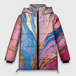 Женская зимняя куртка Жидкая краска синего и розового цвета с золотой кр
