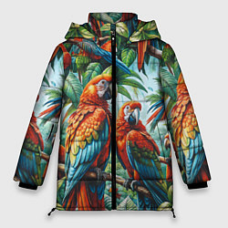 Куртка зимняя женская Попугаи Ара - тропики джунгли, цвет: 3D-черный