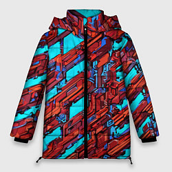 Куртка зимняя женская Красные фрагменты на голубом фоне, цвет: 3D-красный
