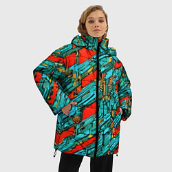 Куртка зимняя женская Голубые фрагменты на красном фоне, цвет: 3D-черный — фото 2