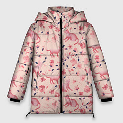 Куртка зимняя женская Розовый паттерн с цветами и котиками, цвет: 3D-красный