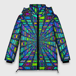 Куртка зимняя женская Абстрактный узор коридор из разноцветных квадратов, цвет: 3D-красный
