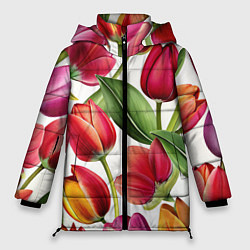 Куртка зимняя женская Паттерн с тюльпанами, цвет: 3D-красный