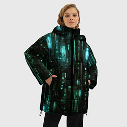 Куртка зимняя женская Киберпанк светящиеся голубые элементы, цвет: 3D-черный — фото 2