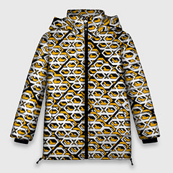 Куртка зимняя женская Жёлто-белый узор на чёрном фоне, цвет: 3D-светло-серый