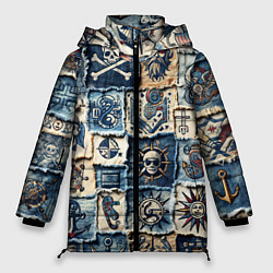 Женская зимняя куртка Пираты на пэчворк дениме