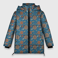 Женская зимняя куртка Цветочный узор в стиле бохо на синем