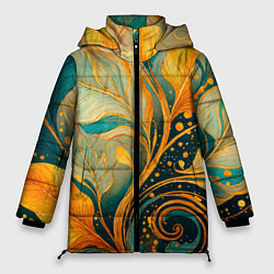 Куртка зимняя женская Золотые и бирюзовые листья абстракция, цвет: 3D-светло-серый