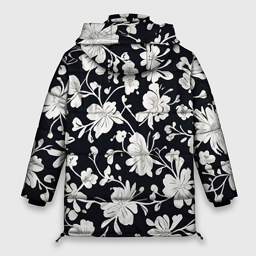 Женская зимняя куртка Патерн белых цветов на черном фоне / 3D-Черный – фото 2