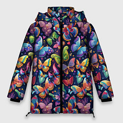 Женская зимняя куртка Бабочки в паттерне разноцветный яркий фон