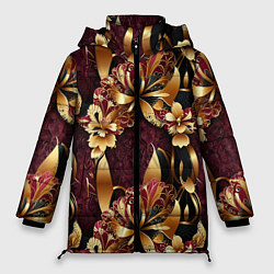 Куртка зимняя женская Золотые лилии на красном бархатном фоне, цвет: 3D-черный