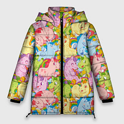 Куртка зимняя женская Разноцветные единороги, цвет: 3D-красный