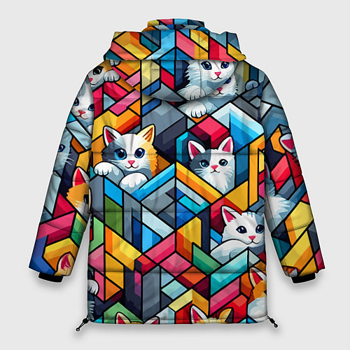 Женская зимняя куртка Геометрический паттерн с котятами - нейросеть / 3D-Черный – фото 2