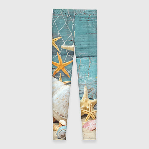 Женские легинсы Натюрморт из сети, морских звёзд и ракушек - лето / 3D-принт – фото 2