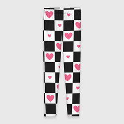 Леггинсы женские Розовые сердечки на фоне шахматной черно-белой дос, цвет: 3D-принт