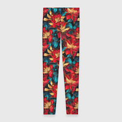 Женские легинсы Красные цветы с синими листьями узор