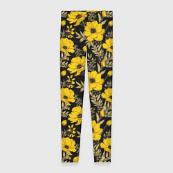 Женские легинсы Желтые цветы на черном фоне паттерн