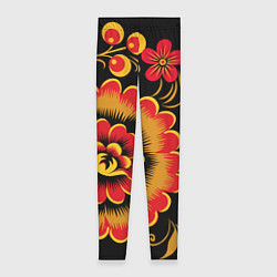 Леггинсы женские Хохломская роспись красно-жёлтые цветы на чёрном ф, цвет: 3D-принт