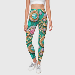 Леггинсы женские Ювелирные бирюзовые украшение с золотом и бриллиан, цвет: 3D-принт — фото 2