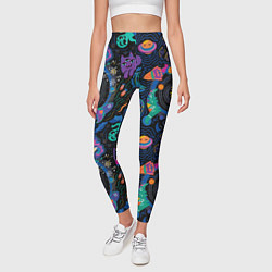 Леггинсы женские Мультяшные персонажи в космосе: единорог, кот, дин, цвет: 3D-принт — фото 2