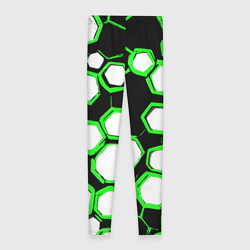 Женские легинсы Бело-зелёные шестиугольники на чёрном фоне / 3D-принт – фото 2