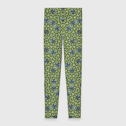 Женские легинсы Синие цветочные мотивы на зеленом