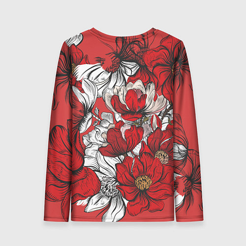Женский лонгслив Цветы на алом фоне / 3D-принт – фото 2