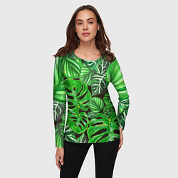 Лонгслив женский Тропические листья на темном фоне, цвет: 3D-принт — фото 2