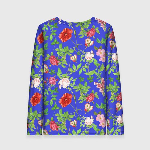 Женский лонгслив Цветочки - синий фон - паттерн / 3D-принт – фото 2