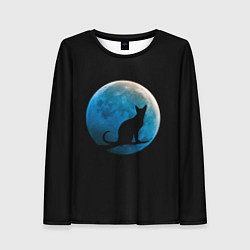 Лонгслив женский Силуэт кота на фоне синей луны, цвет: 3D-принт