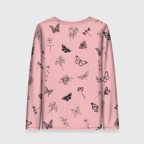 Женский лонгслив Цветочки и бабочки на розовом фоне / 3D-принт – фото 2
