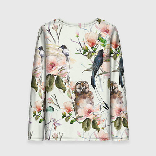 Женский лонгслив Цветы Нарисованные Магнолии и Птицы / 3D-принт – фото 2