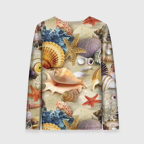 Женский лонгслив Морские раковины, кораллы, морские звёзды на песке / 3D-принт – фото 2