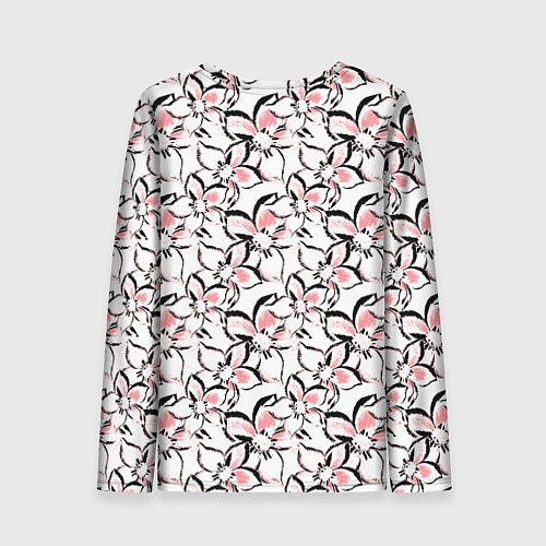 Женский лонгслив Бело-розовые цветы с черной обводкой / 3D-принт – фото 2