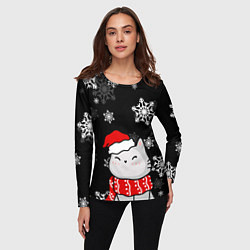 Лонгслив женский Котик в новогодней шапочке - снежинки, цвет: 3D-принт — фото 2