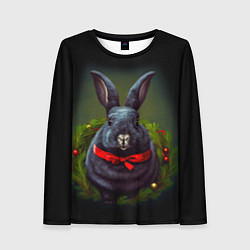 Лонгслив женский Черный водяной кролик с ленточкой, цвет: 3D-принт