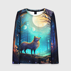 Лонгслив женский Волк в ночном лесу в folk art стиле, цвет: 3D-принт