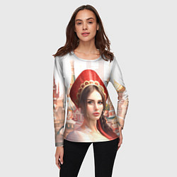 Лонгслив женский Девушка в кокошнике с косой - кремль, цвет: 3D-принт — фото 2
