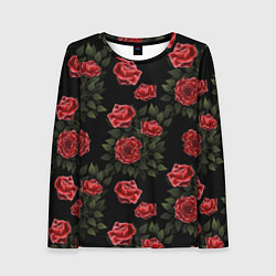 Женский лонгслив Красные розы на черном - паттерн