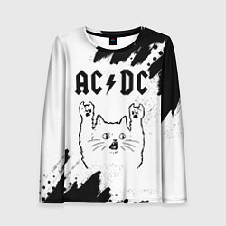 Женский лонгслив AC DC рок кот на светлом фоне