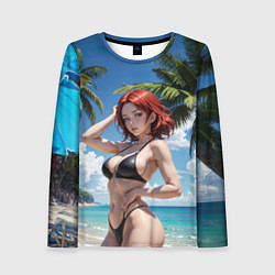 Женский лонгслив Девушка с рыжими волосами на пляже