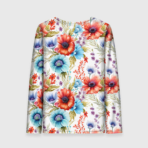 Женский лонгслив Синие и красные маки на белом - паттерн / 3D-принт – фото 2
