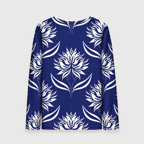 Женский лонгслив Абстрактные белые лотосы на синем - паттерн / 3D-принт – фото 2