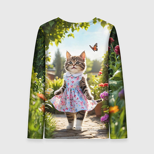 Женский лонгслив Кошка в летнем платье в саду / 3D-принт – фото 2